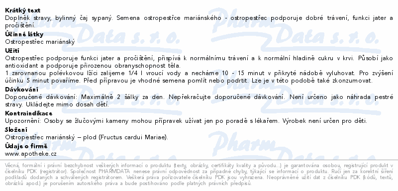 Apotheke Ostropestřec Mariánský - plod sypaný 150g