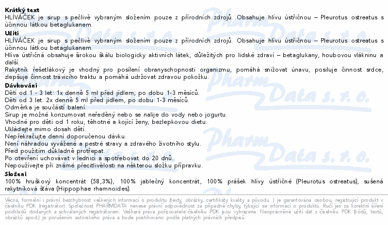 Hlíváček sirup s hlívou, rakytníkem, hruška 100ml
