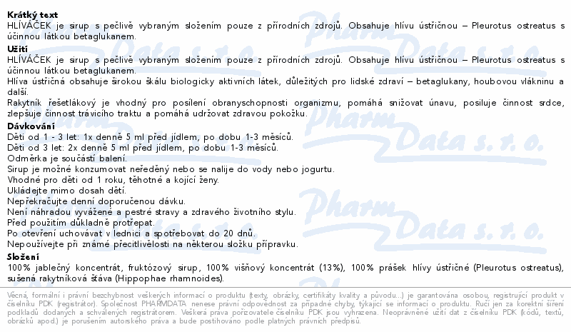 Hlíváček sirup s hlívou, rakytníkem, višeň 100ml