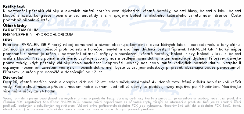 PARALEN GRIP HORKÝ NÁPOJ POMERANČ A ZÁZVOR 12 SÁČKŮ